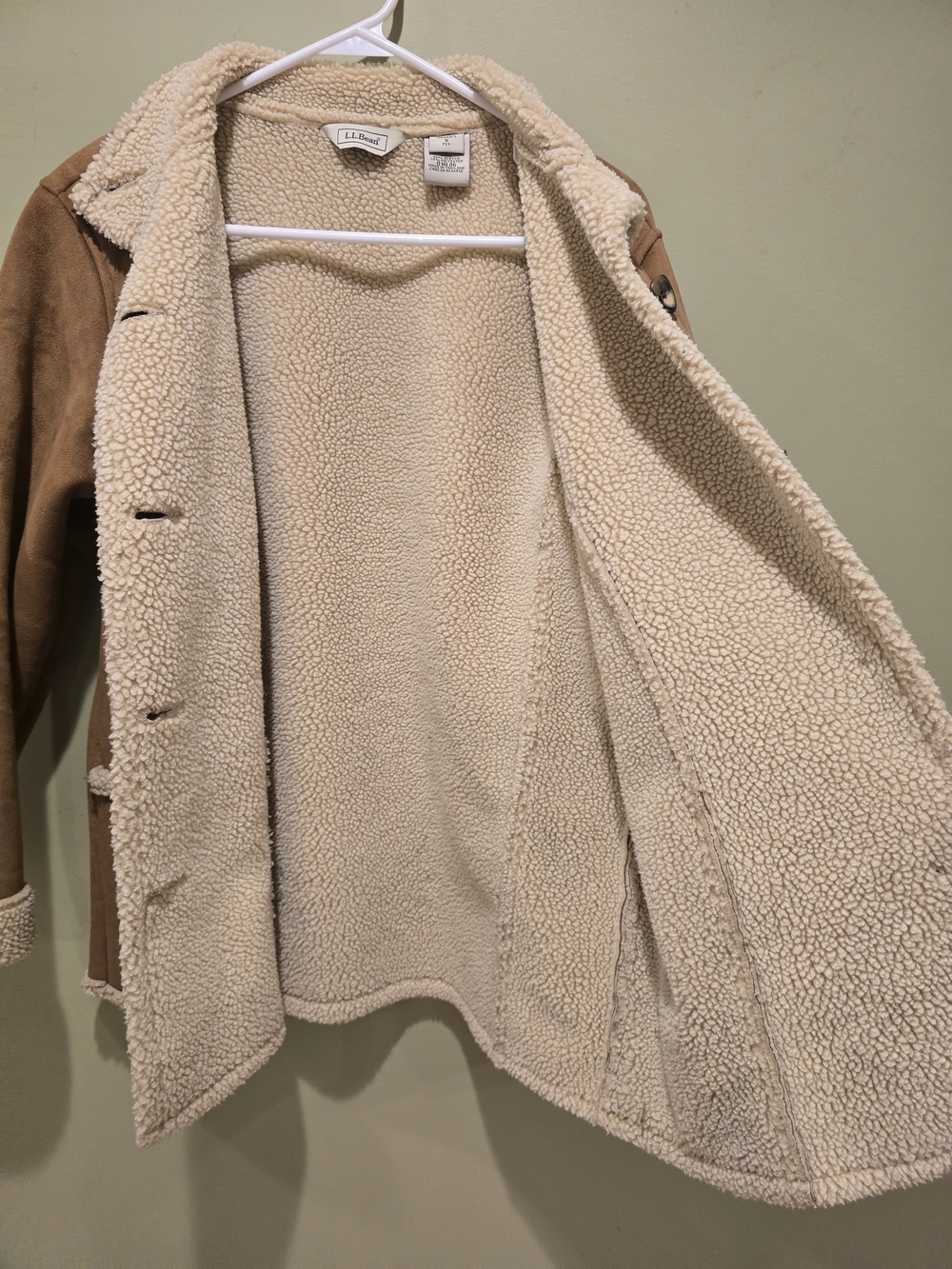 LL Bean Tan Faux-Suede Sherpa Trim Coat Small Petite - Picture 6 of 7